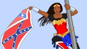 An image of Bree Newsome dressed as Wonder Woman, taking down a Confederate flag
