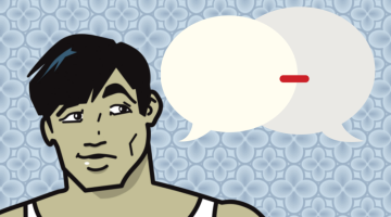 Cartoon image of a person against a textured blue background speaking with someone else off screen, as represented by speech bubbles