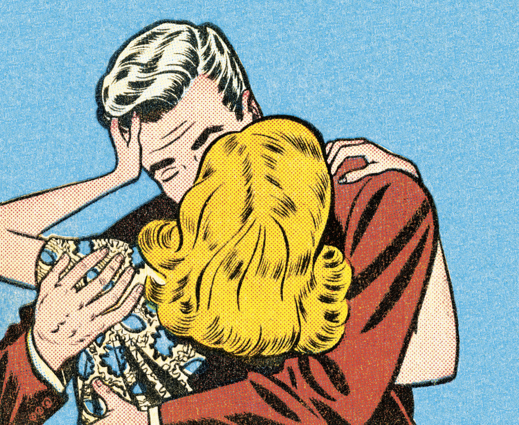 Comic-inspired image of two people kissing passionately