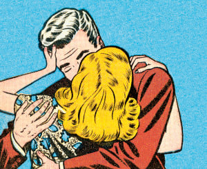 Comic-inspired image of two people kissing passionately