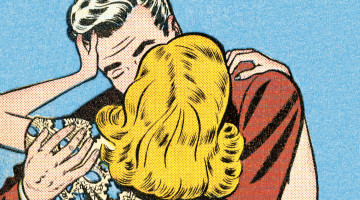 Comic-inspired image of two people kissing passionately