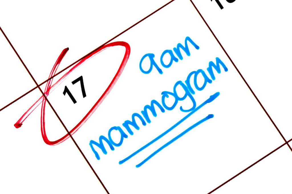 On a calendar, the 17th is circled in red with the words "9am mammogram" written and underlined in blue