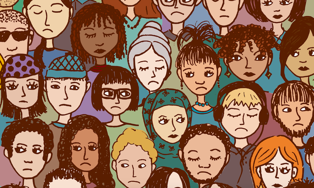 An illustration of people in a crowd, frowning and otherwise looking sad