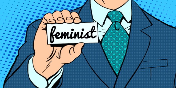 Classic comic style illustration of a person in a suit and tie holding a placard that reads, "Feminist."