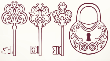 Drawings of a dark purple lock and keys over a light pink background