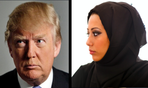 An image of Donald Trump on the left next to an image of a Muslim person on the right