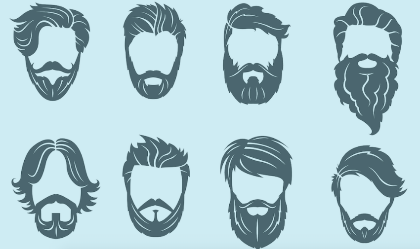 A set of illustrated beards, set against a light blue background