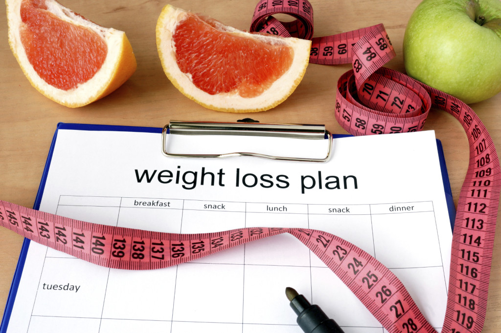 A clipboard that reads "Weight loss plan," surrounded by grapefruit slices, apple slices, and measuring tape
