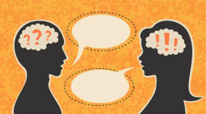 Against an orange background, two illustrated silhouettes are talking to one another; one has question marks in their brain, the other has exclamation points.