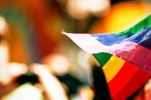 A rainbow flag, waving in the wind