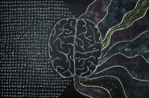 A chalk drawing of a brain with a flurry of numbers coming out of one side, and a rainbow emerging from the other.