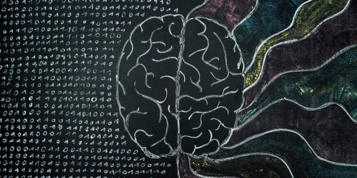 A chalk drawing of a brain with a flurry of numbers coming out of one side, and a rainbow emerging from the other.