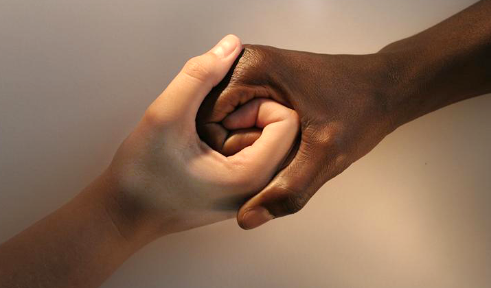 Two hands – one with a light skin tone, one with a dark skin tone – are holding each other.