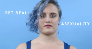 A person with colorful hair against a blue background, with the words "get real asexuality" behind them.